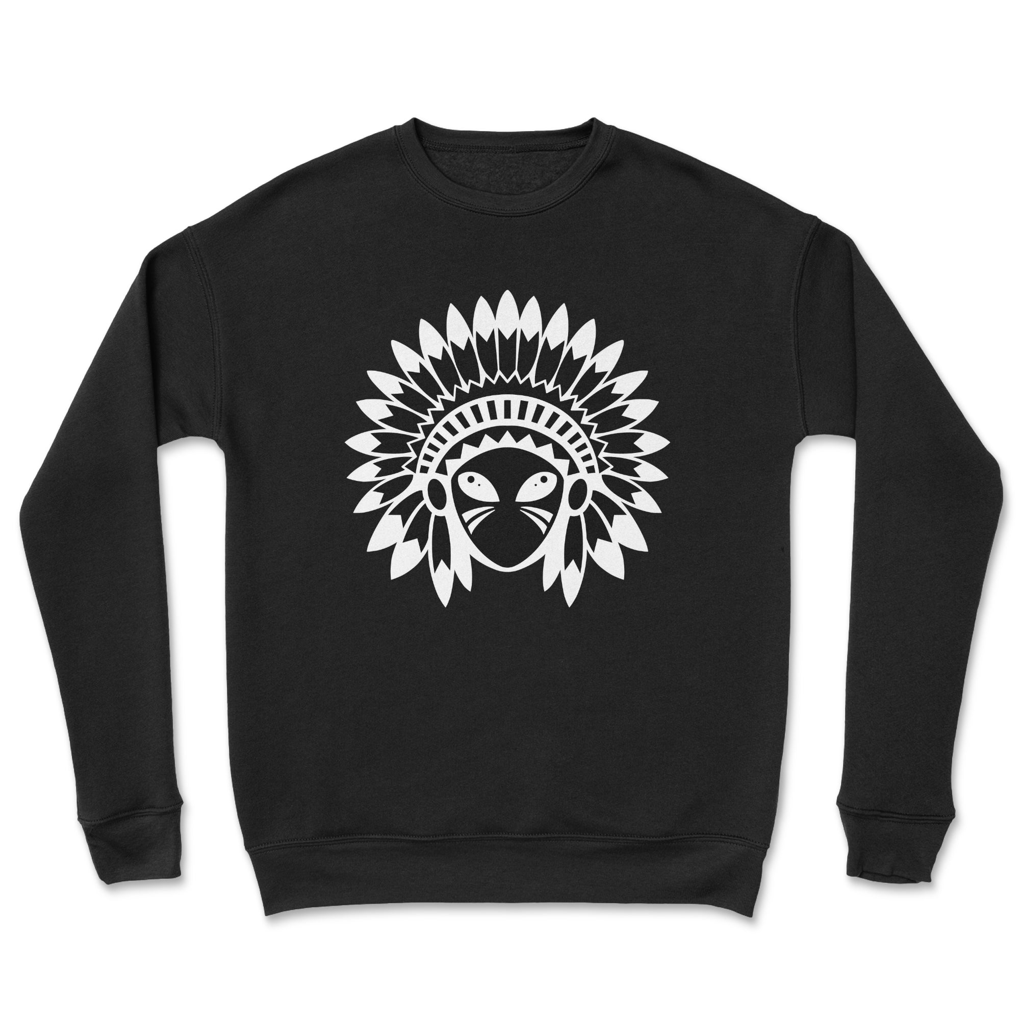 Chief head design printed on a black crewneck laid on a white background.