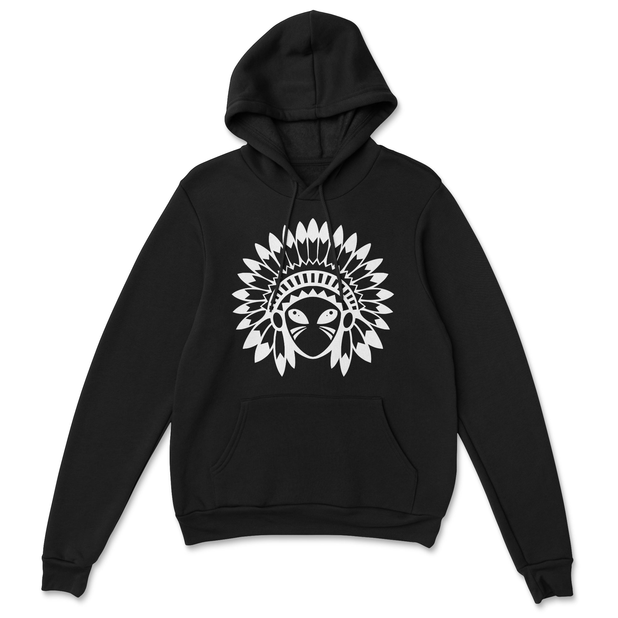 Indigenous design on a black hoodie on a white background.