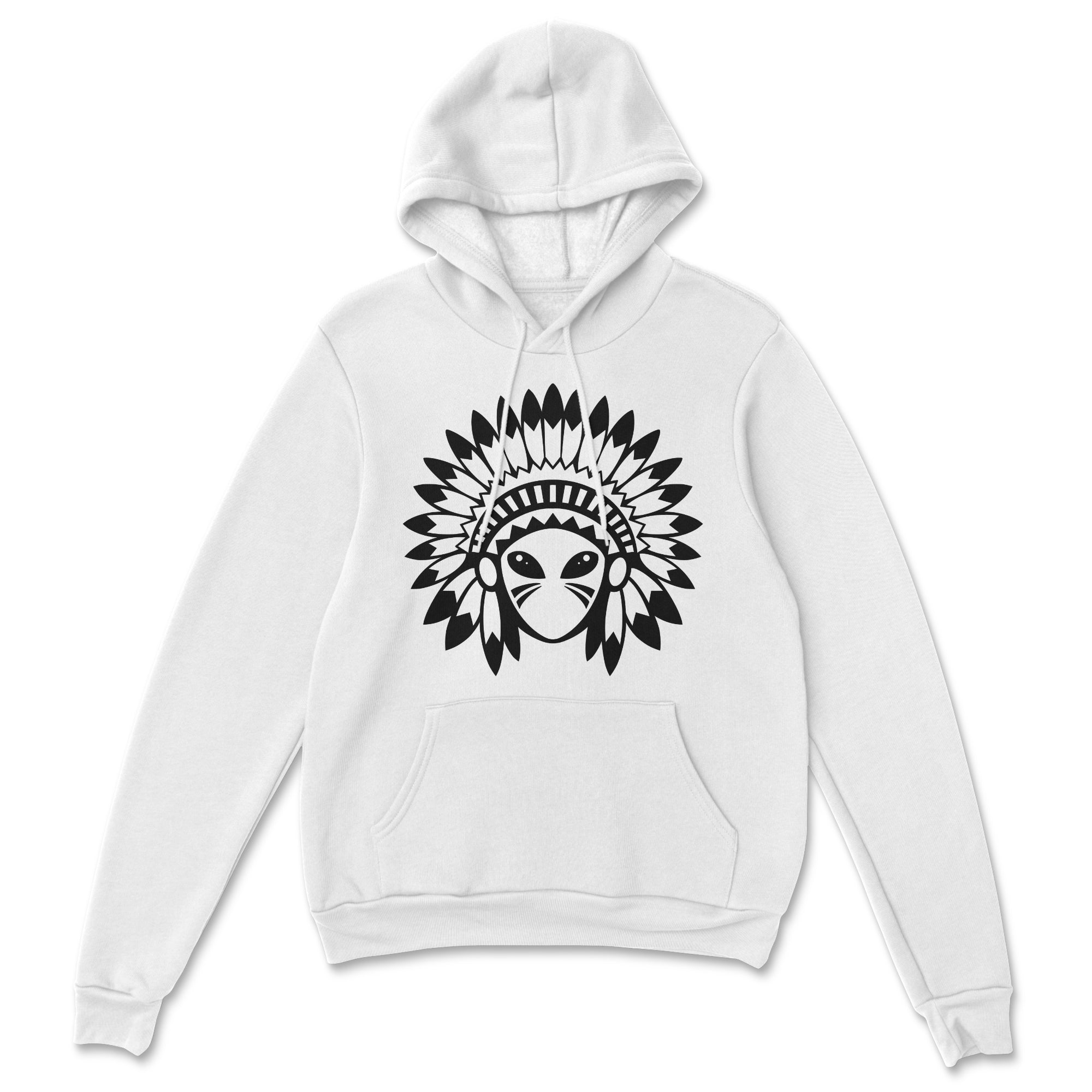 White hoodie with a black chief head design on a white background