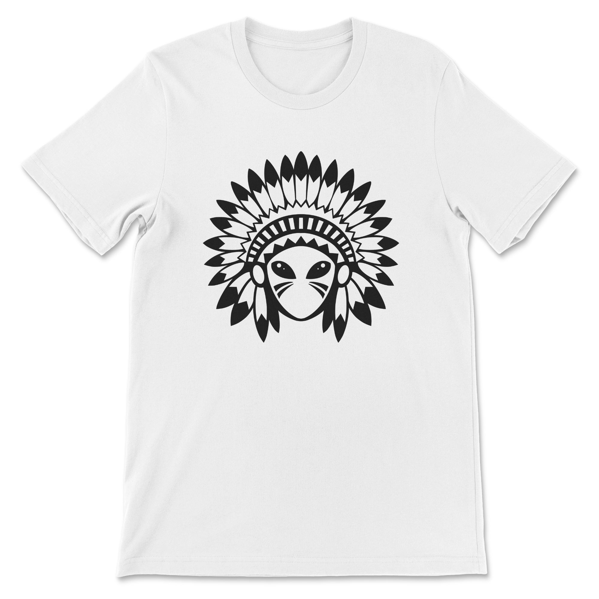 White t-shirt with a black alien head design wearing a headdress on a white background