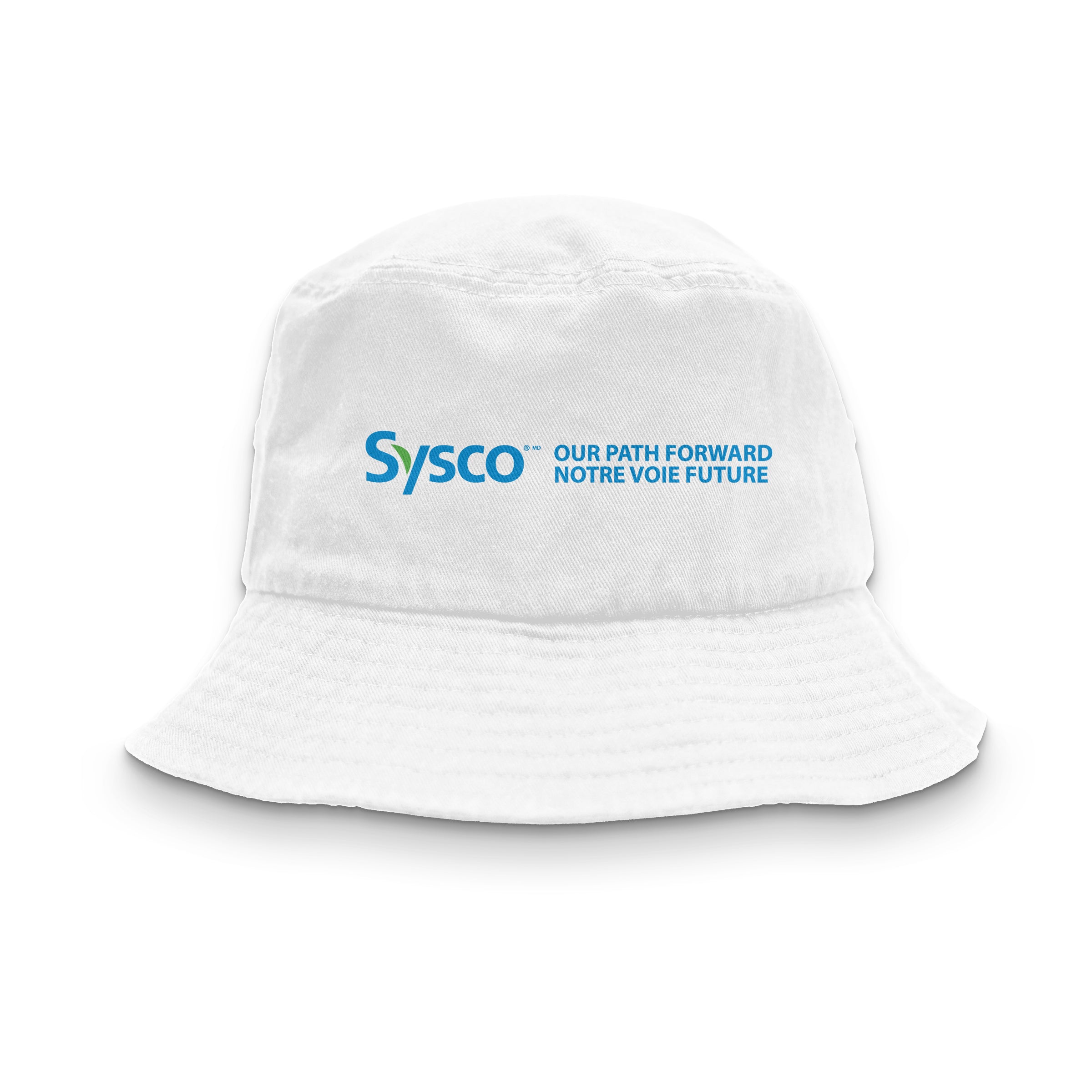 White bucket hat with Sysco logo on a white background