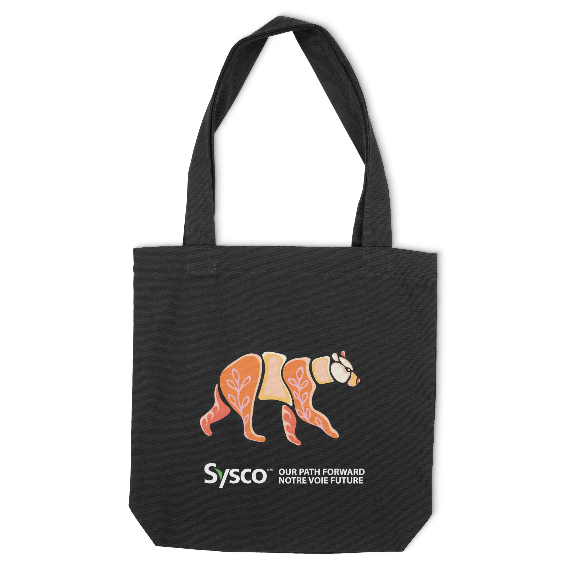 Black tote bag with a bear graphic and Sysco logo on a white background