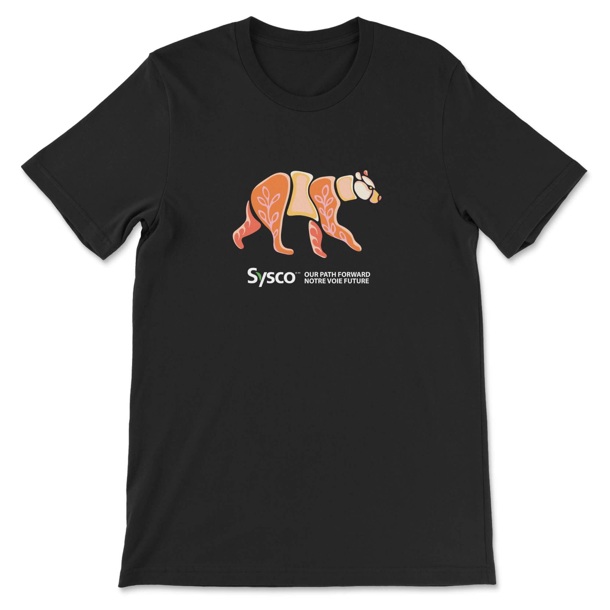 Black t-shirt with a bear graphic and 'Sysco' logo on a white background