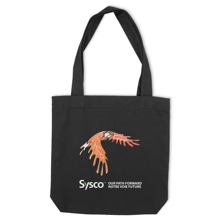 Black tote bag with a logo and text on a white background