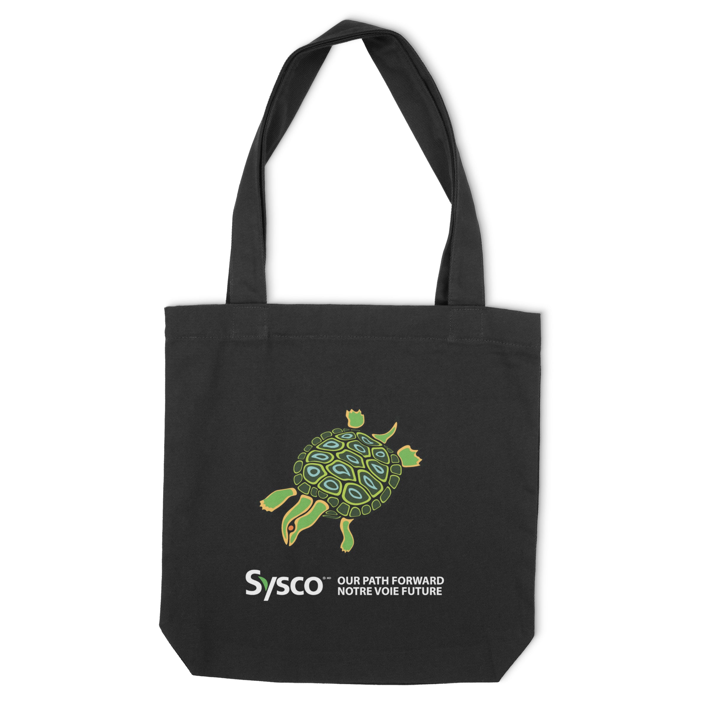 Black tote bag with a turtle design and Sysco logo on a white background