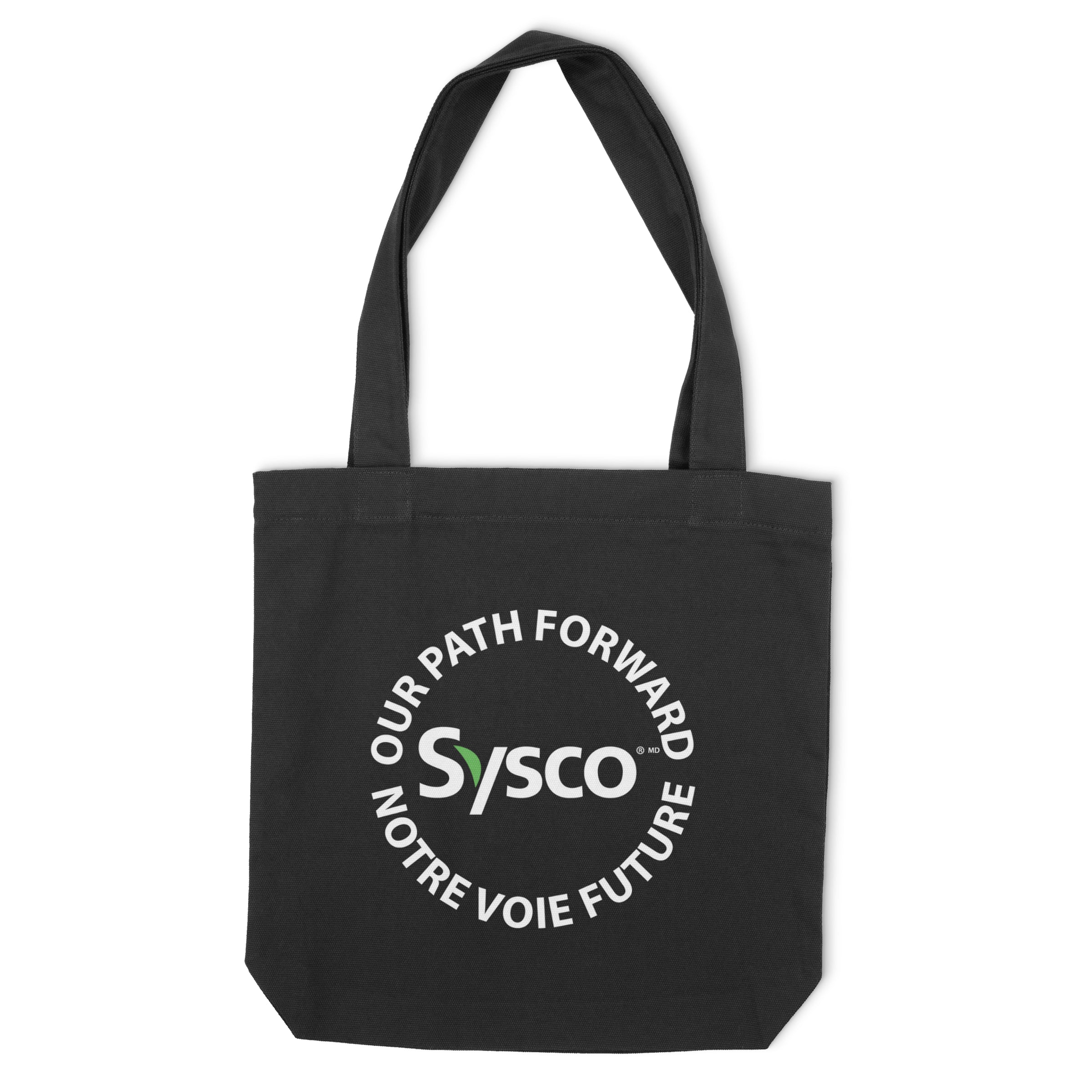 Black tote bag with Sysco logo and text on a white background