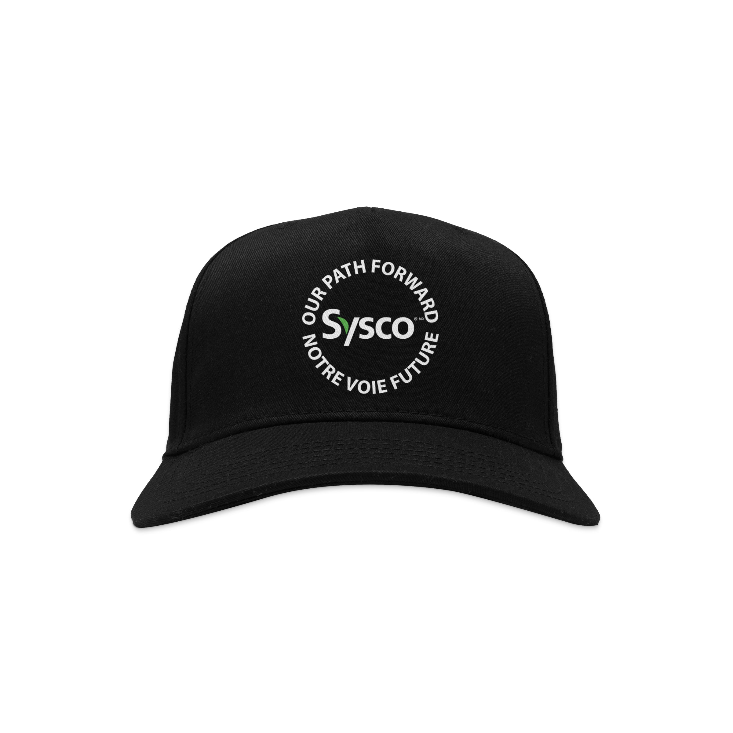 Black cap with Sysco logo and text on a white background