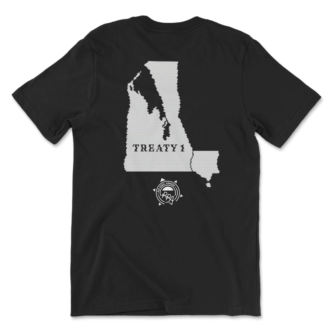 Black t-shirt with white graphic design on a white background