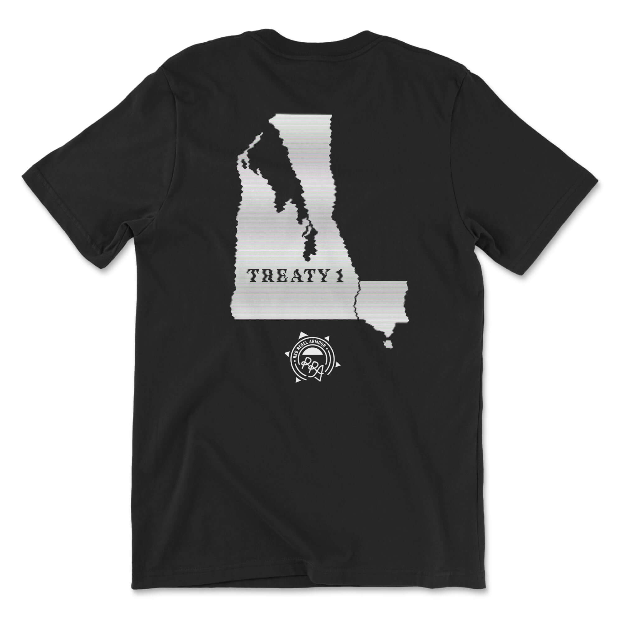 Black t-shirt with white graphic design on a white background