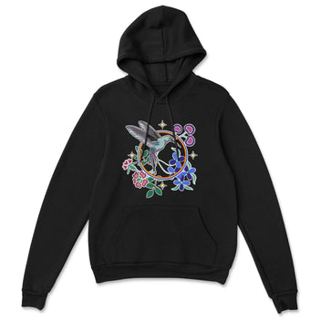 Black hoodie with a colorful hummingbird and floral design on a white background
