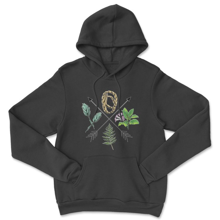 A black hoodie with a graphic design featuring plant elements and what appears to be a turtle in the center.
